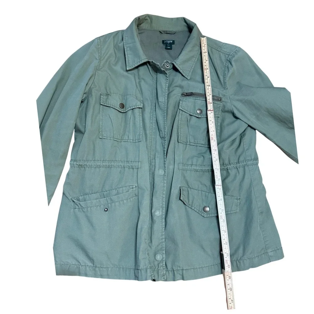 J Crew‎ Utility Jacket Military Green Cargo Pockets Zip Snap Button Sz L